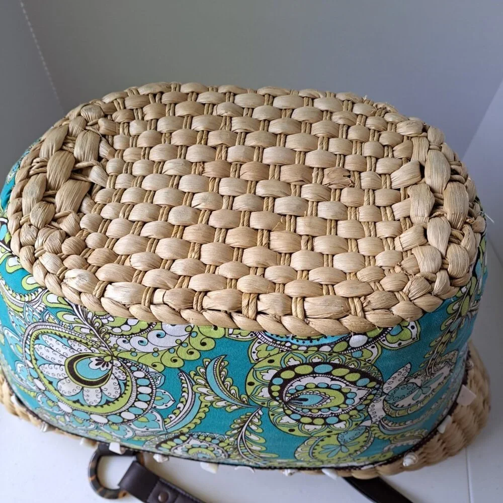 VERA BRADLEY Peacock Straw Tote Beach Pool Turquoise Green Seashells 2 Handles - Picture 9 of 15